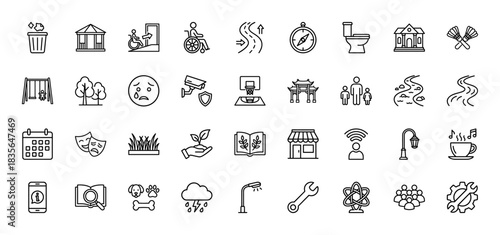 Public and urban services line icon set. Vector pictograms of park, accessibility, security, education, and community, thin outline illustration.