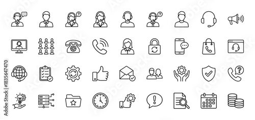 Customer service and support line icon set. Vector pictograms of headset, phone, chat, calendar, and settings, thin outline illustration.