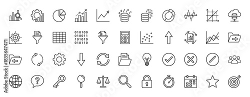 Business and data analysis line icon set. Vector pictograms of charts, gear, database, folder, and settings, thin outline illustration.