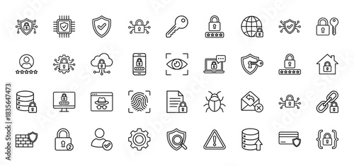 Cybersecurity line icon set. vector pictograms of padlock, shield, key, fingerprint, and bug, thin outline illustration.