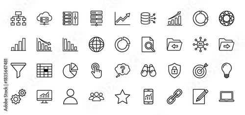 Business and data analytics line icon set. Vector pictograms of charts, servers, databases, and metrics, thin outline illustration.
