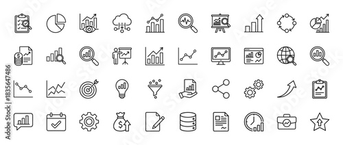 Business and finance line icon set. Vector pictograms of charts, graphs, analysis, and data reports, thin outline illustration.