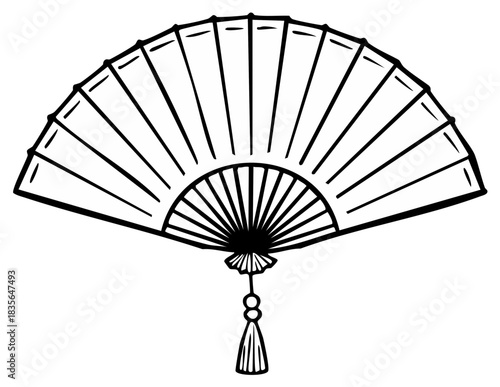 Asian Hand Fan Graphic Illustration, Traditional Paper Fan with Tassel, Oriental Decorative Object
