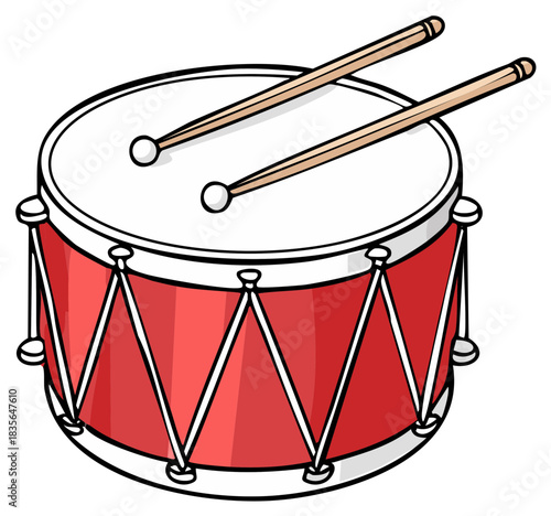 Illustration of a red snare drum with drumsticks on top, musical instrument