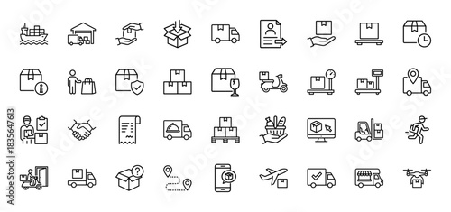 Logistics and delivery line icon set. Vector pictograms of shipping truck, package, warehouse, and courier, thin outline illustration.