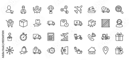 Logistics line icon set. Vector pictograms of delivery truck, airplane, warehouse, and courier, thin outline illustration.