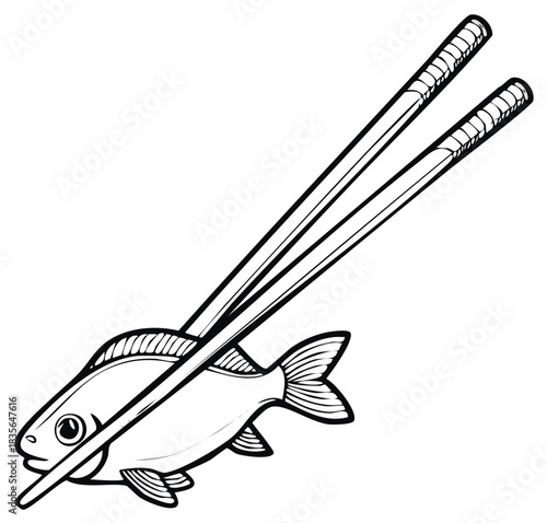 Chopsticks holding a fresh fish, a black and white line art icon for a seafood or sushi restaurant.