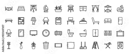 Home furniture and appliance line icon set. Vector pictograms of bed, chair, table, stove, and wardrobe, thin outline illustration.