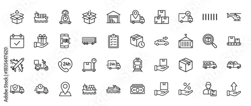 Logistics and shipping line icon set. Vector pictograms of delivery truck, parcel box, plane, ship, and warehouse, thin outline illustration.