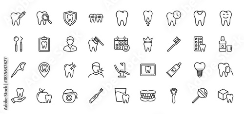 Dental medicine line icon set. Vector pictograms of tooth, implant, syringe, calendar, and instruments, thin outline illustration.