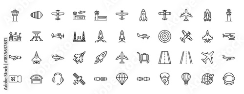 Aviation, space, and flight line icon set. Vector pictograms of aircraft, rockets, air traffic control towers, and satellite dishes, thin outline illustration.