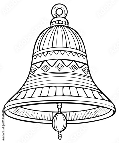 Detailed ornate bell illustration, hand-drawn black and white design.