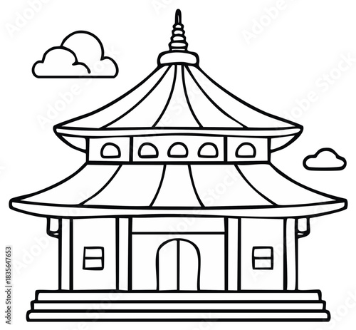 Japanese Pagoda Temple Traditional Architecture Line Art Illustration Simple Drawing