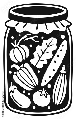 Black and white linocut style illustration of a jar of assorted homemade pickled vegetables