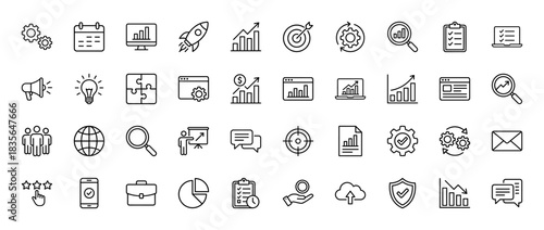 Business and strategy line icon set. Vector pictograms of calendar, chart, target, gear, and growth, thin outline illustration.