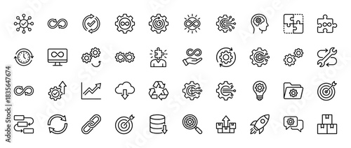 Devops line icon set. Vector pictograms of infinity, gear, cycle, process, target, and cloud, thin outline illustration.