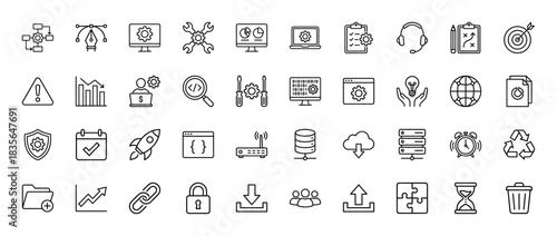 Technology and development line icon set. Vector pictograms of settings, data, security, and project management, thin outline illustration.