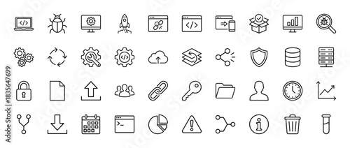Technology and development line icon set. Vector pictograms of coding, database, security, and settings, thin outline illustration.