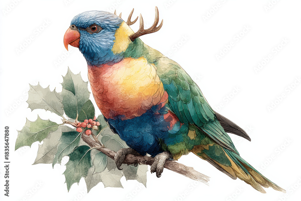 Obraz premium Watercolor illustration clipart of a single rainbow lorikeet wearing reindeer antlers and sitting on a holly-covered branch, isolate on white background
