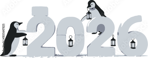 Three cute cartoon penguins decorating large snow numbers forming year 2026 with small glowing lanterns