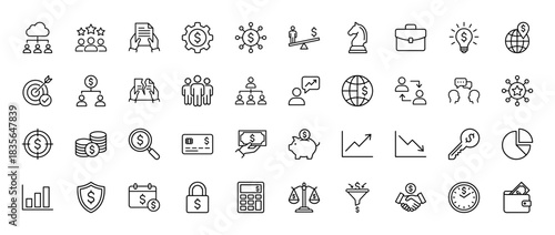 Business and finance line icon set. Vector pictograms of money, investment, management, graph, strategy, teamwork, calculator, bank, wallet, thin outline illustration.