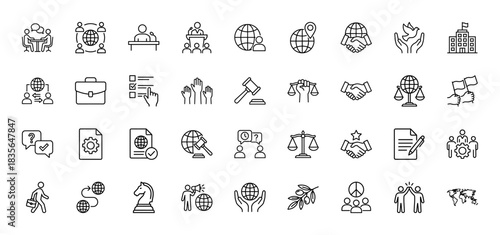 International relations and diplomacy line icon set. Vector pictograms of handshake, globe, gavel, and peace symbols, thin outline illustration.