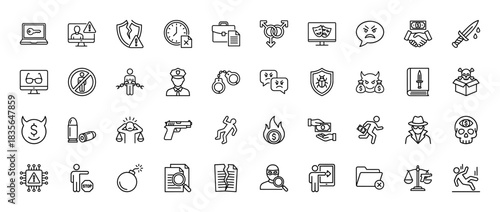 Crime, security, and law line icon set. Vector pictograms of handcuffs, bomb, victim, skull, and police officer, thin outline illustration.