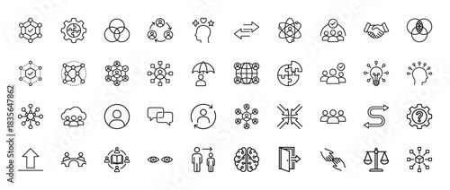 Business and collaboration line icon set. Vector pictograms of teamwork, partnership, brainstorming, and communication, thin outline illustration.