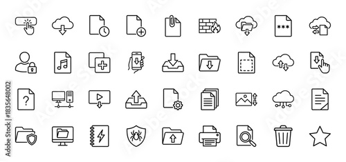 Data and file management line icon set. Vector pictograms of download, upload, cloud, security, and document actions, thin outline illustration.