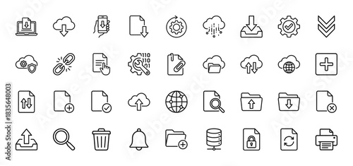 Cloud computing and data management line icon set. Vector pictograms of download, upload, synchronization, file management, and settings, thin outline illustration.