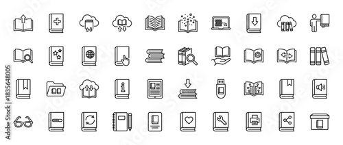 Education and library line icon set. Vector pictograms of book, ebook, audiobook, manual, reading, cloud, research, thin outline illustration.