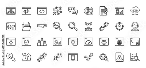 Search engine optimization line icon set. Vector pictograms of website structure, coding, analytics, and business strategy, thin outline illustration.