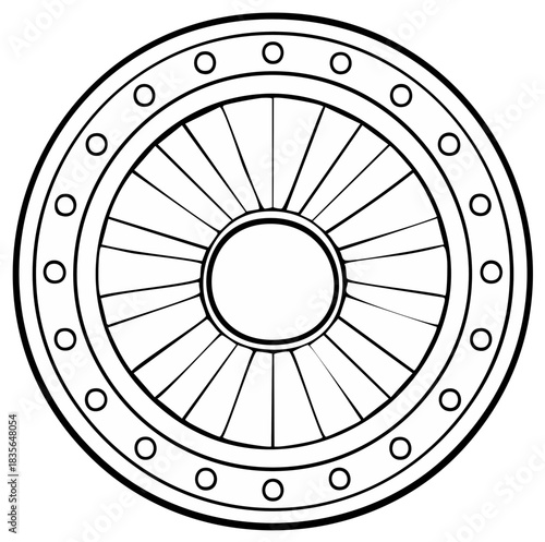 Circular ornate detail wheel design with spokes and rivet ring black and white line art