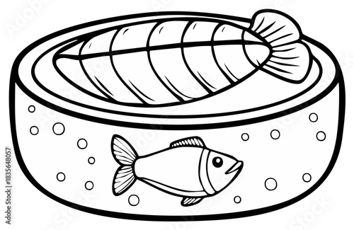 Cartoon drawing of seafood sushi roll and fish, line art illustration