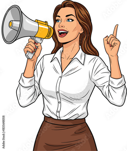 Pop art comic vector illustration of a cheerful businesswoman speaking into a megaphone and pointing up symbolizing marketing announcement news broadcast or important information