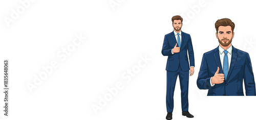 Confident businessman in a sharp blue suit and tie giving a positive thumbs up gesture symbolizing success approval excellence agreement and professional satisfaction