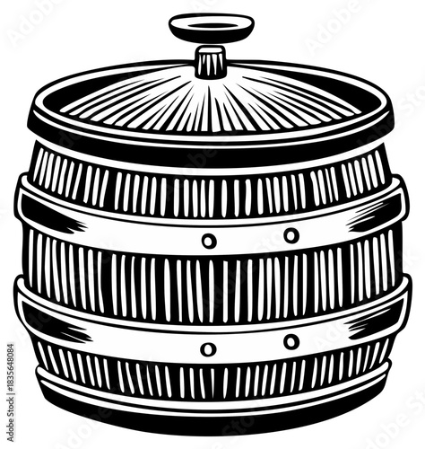 Illustration of a classic wooden barrel with metal bands and a lid handle