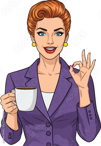 Pop art comic vector illustration of a stylish businesswoman making the OK hand gesture and holding a coffee mug symbolizing approval good job and morning success