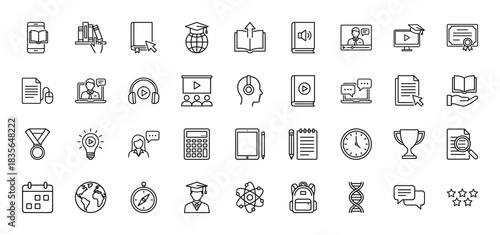 Education and e-learning line icon set. Vector pictograms of book, diploma, video, globe, and calendar, thin outline illustration.