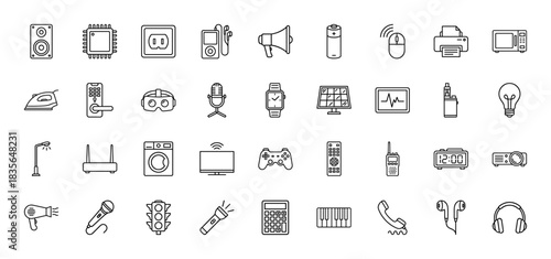 Electronic devices and appliances line icon set. vector pictograms of speakers, iron, calculator, and printer, thin outline illustration.