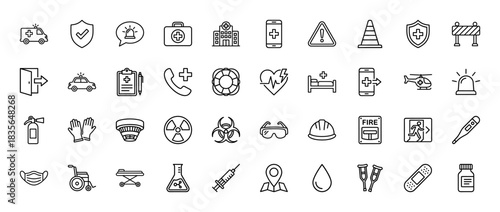 Medical and safety line icon set. Vector pictograms of ambulance, syringe, first aid kit, and hazard warnings, thin outline illustration.