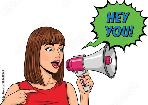 Vibrant pop art comic vector illustration of a stylish woman pointing and yelling HEY YOU! into a megaphone symbolizing urgent communication or call to action