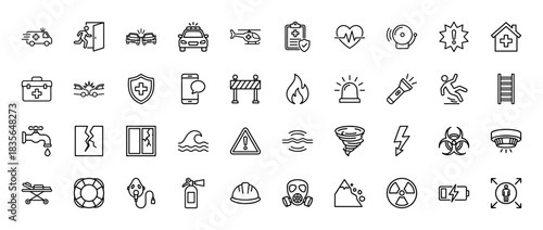Emergency services and disaster line icon set. Vector pictograms of ambulance, siren, fire, police, and radiation, thin outline illustration.