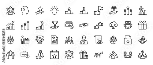 Achievement, success, and reward line icon set. Vector pictograms of trophy, star, money, graph, and flag, thin outline illustration.