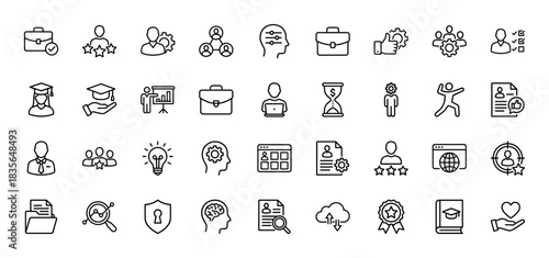Human resources and career line icon set. Vector pictograms of briefcase, graduation, skills, and resume, thin outline illustration.