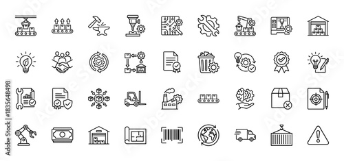Industrial manufacturing and logistics line icon set. Vector pictograms of conveyor belt, factory, delivery, warehouse, and finance, thin outline illustration.