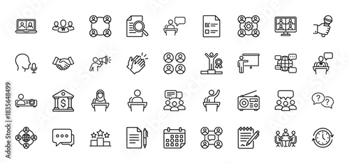Business and communication line icon set. Vector pictograms of handshake, presentation, team, calendar, microphone, and meeting, thin outline illustration.