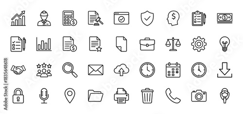 Business line icon set. Vector pictograms of graph, calculator, calendar, clock, security shield, and briefcase, thin outline illustration.