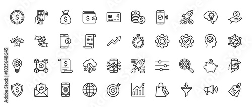 Business and finance line icon set. Vector pictograms of wallet, card, rocket, blockchain, piggy bank, chart, target, megaphone and terminal, thin outline illustration.