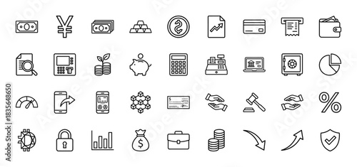 Finance line icon set. Vector pictograms of dollar banknote, gold bars, credit card, calculator, safe, and wallet, thin outline illustration.